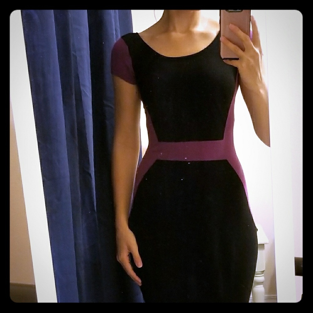 Bebe black and purple bodycon dress with open back